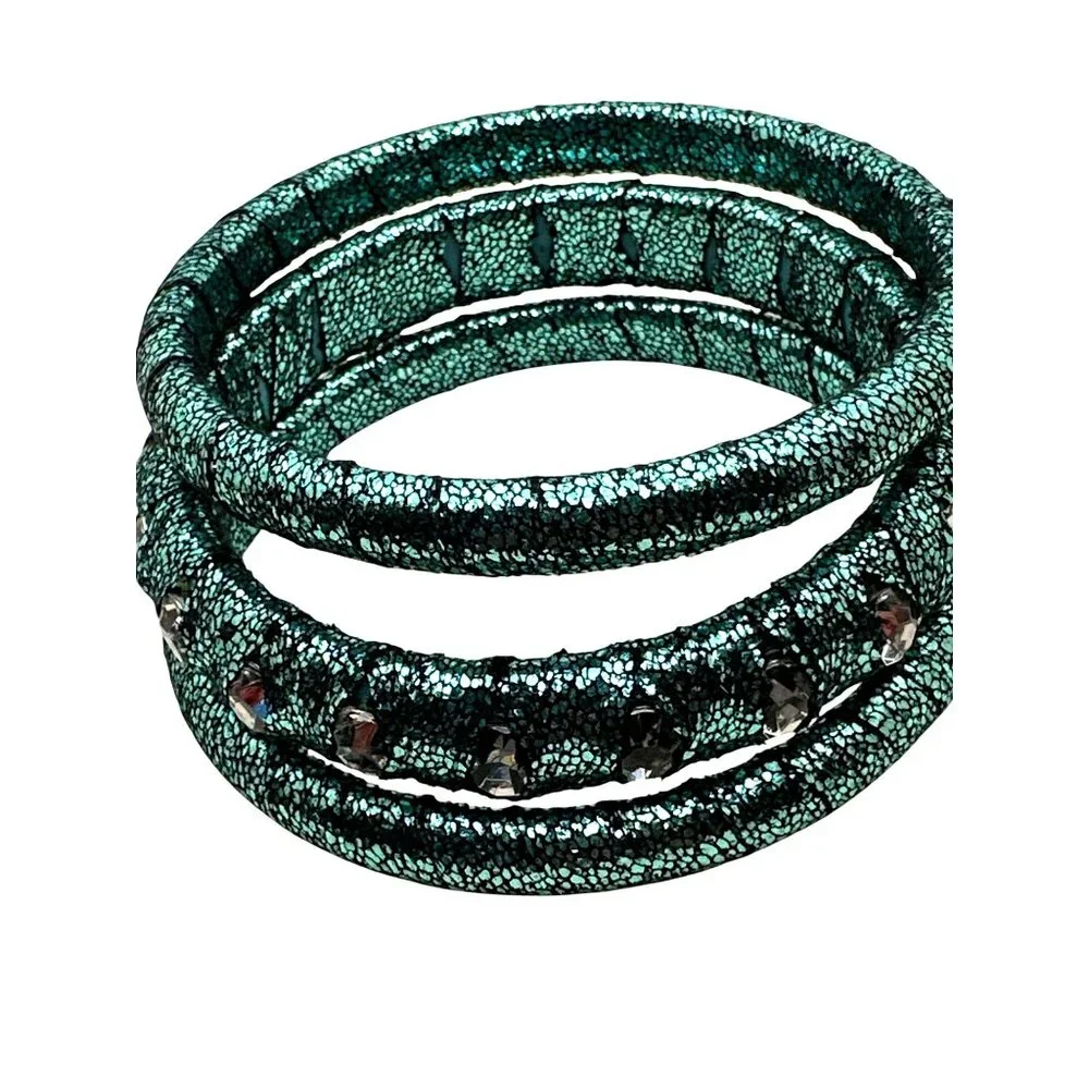 Metallic Teal Black Bangle Bracelet Stacked 3 Piece Shimmer Chic Cosplay Costume - Picture 3 of 5